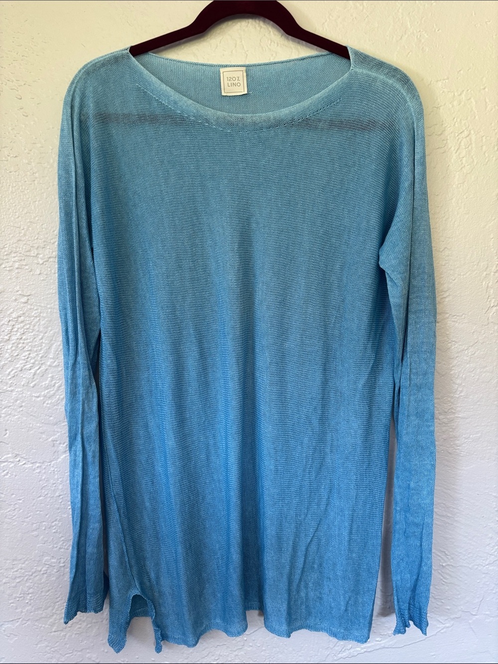 120% LINO Light Blue Sheer Long Sleeve Linen Tunic Sweater
